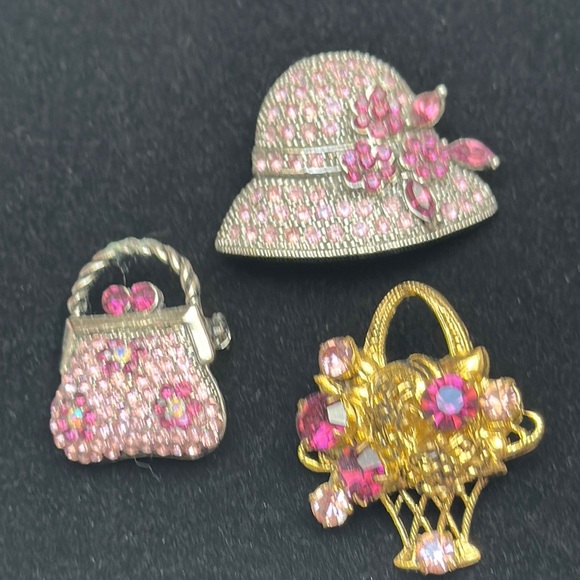 Jewelry - Scatter pins (3) lot in Silver & Gold Metal with Crystals Brooch Set - 1”